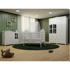 Imagem de Quarto de Bebê Berço com Botões encapados Guarda Roupa e Cômoda com Janela Maya Clássico Espresso Móveis Branco Brilho/Sintético Branco