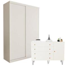 Imagem de Conjunto Guarda-roupa Solteiro 2 Porta de Correr e Cômoda 1 Porta 4 Gavetas Branco
