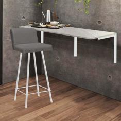 Imagem de Kit Mesa Suspensa de Parede Fixa MDF Marmorizado + 1 Banqueta Lexi Ferro Branco Corino Cinza - Ahazzo Móveis