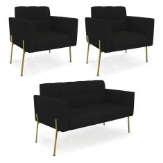 Imagem de Sofá Namoradeira E 2 Poltronas Pé De Ferro Dourado Elisa Linho Preto A79 D03 - D'rossi