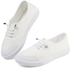Imagem de Tênis feminino de lona branco leve com cadarço moderno confortável sapatos de lona cano baixo sem cadarço casual tênis caminhada calçados femininos, Cadarço elástico branco, 35