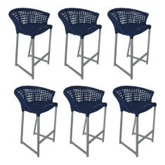 Imagem de Kit 6 Banquetas Reis em Corda Náutica e Base em Alumínio Cinza para Área Gourmet  Azul Marinho