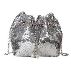 Imagem de Sacola saco de balde das mulheres Bolsa Tote Bolsa de ombro Embreagem Bolsa Sereia Lantejoulas Corrente Crossbody Bolsas (Silver)