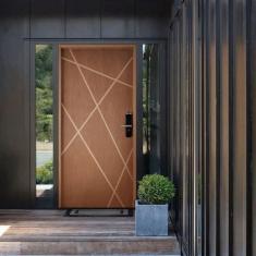 Imagem de Kit Porta de Madeira Frisada 215x109cm Batente 14cm Fechadura Digital Rodam Portas Marrom