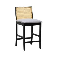 Imagem de Banqueta Média Pérola - Preto Assento Estofado Linho Bege Mescla Impermeável