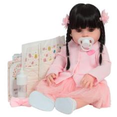 Imagem de Boneca Reborn Bebê Morena 46cm Com Lindo Vestido Rosa - Cegonha Reborn