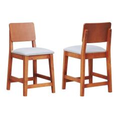 Imagem de Kit 2 Banquetas Baixa/Cadeiras Lyon Madeira Maciça Encosto Anatômico Assento Estofado Linho Amêndoa/Bege