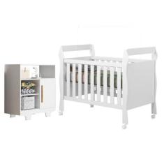 Imagem de Quarto de Bebê com Berço Mini Cama 3 em 1 Soninho e Cômoda 100% Mdf 1 Porta 3 Prateleiras Flocos Branco