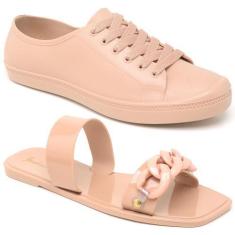 Imagem de Tênis Feminino Casual Moderno + Rasteira Corrente Kit - Rubim Calçados