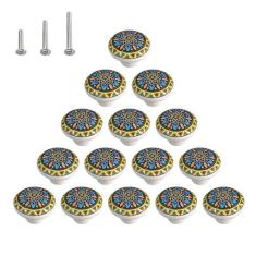 Imagem de HUAMULAN Pacote com 15 puxadores de cerâmica retrô Boheimian em formato de botão de cômoda vintage cogumelo boho cozinha pétala armário puxa armário armário guarda-roupa gaveta maçanetas brilhantes