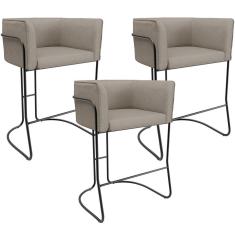 Imagem de Kit 03 Banquetas Baixa Base de Aço Preto Betina D02 Linho Bege D-463 - Lyam Decor