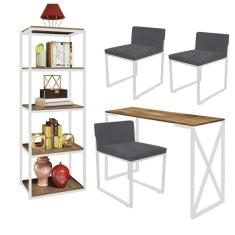 Imagem de Kit Escritório Bex 3 Cadeiras Sintético Cinza com 1 Mesa e 1 Livreiro Ferro Branco MDF Carvalho - Ahazzo Móveis