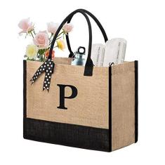 Imagem de BeeGreen Grande bolsa de praia inicial bolsa de estopa com alças bordado monograma presente para mãe amigas presentes de aniversário personalizados para mulheres presentes de casamento para dama de