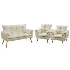 Imagem de Kit Poltrona Namoradeira e 2 Poltronas Decorativas Estofada Para Sala De Estar Opala Sued Bege Aradecor