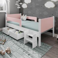 Imagem de Cama Solteiro Com 2 Baus Organizador E Escada Luna Plus Branco/Rosa Com Colchão