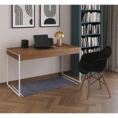 Imagem de Escrivaninha Home Office Estilo Industrial Malta Amêndoa 137x53cm Ferro Branco com 1 Poltrona Preta