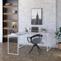 Imagem de Mesa de Escritório em L Estilo Industrial 135x150cm Kuadra Branco Chess/Est.Branca