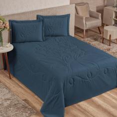 Imagem de Jogo De Cama Queen Mercado Bordado Floral Azul Marinho 3 Pçs