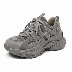 Imagem de BEAU TODAY Tênis feminino com plataforma grossa, de couro de camurça, grosso, confortável, moderno, casual, antiderrapante, cadarço, caminhada, corrida, tênis, Cinza, 36