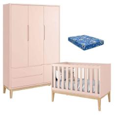 Imagem de Berço Americano Com Colchão E Guarda Roupa Classic 3 Portas Rosa Pés Madeira Natural - Reller