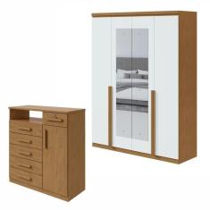 Imagem de Conjunto de Guarda-Roupa Alonzo com espelho e Cômoda Da Vinci com Nicho Amêndoa Clean/Branco