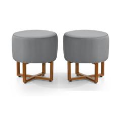 Imagem de 2 Pufes Banqueta Redonda Para Sala Decoração Interior Pes Ferro Cobre Tecido Cinza