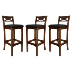 Imagem de Kit 3 Banquetas Alta Estofada 38x103Cm Ilha Encosto Madri Madeira Maciça Castanho Suede Preto CCS