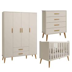 Imagem de Quarto Isis Berço Americano 2 em 1 + Comoda Gaveteiro + Guarda Roupa Isis Retrô 4 Portas 2 Gavetas Areia Fosco - Reller