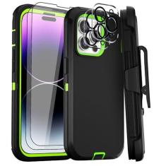 Imagem de GYJ Capa para iPhone 14 Pro Max 17.0 cm coldre com clipe de cinto com 2 protetores de tela + 2 protetores de lente de câmera, capa de proteção contra quedas de grau militar resistente de corpo inteiro