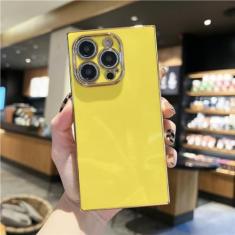 Imagem de Capa de telefone colorida com moldura quadrada revestida de luxo para iPhone 15 14 13 12 11 Pro X Xs Xr Max 7 8 Plus SE Capa traseira macia à prova de choque, amarela, para iPhone 12 Pro