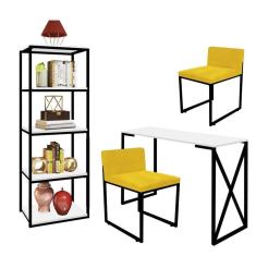 Imagem de Kit Escritório Bex 2 Cadeiras Suede Amarelo com 1 Mesa e 1 Livreiro Ferro Preto MDF Branco - Ahazzo Móveis