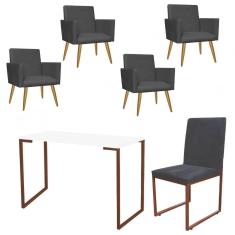 Imagem de Kit Escritório Stan 4 Poltronas com Cadeira e Mesa Industrial Tampo Branco Bronze Tecido Sintético Cinza - Ahz Móveis