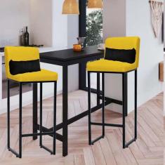 Imagem de Kit 02 Banqueta Alta com Encosto Lucca Industrial Cozinha Balcão Ferro Preto Suede Amarelo e Almofada Preto - Ahazzo Móveis