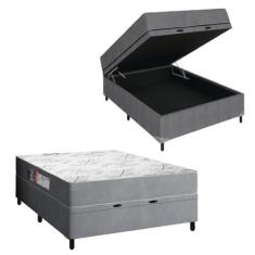 Imagem de Cama Box Baú Casal Colchão Espuma Egito 138x188x60cm Cinza/Branco Portobel - Suporta até 100kg por Pessoa