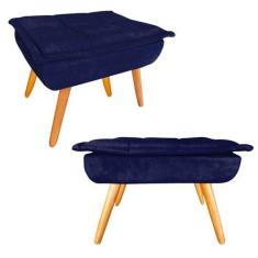 Imagem de Kit 02 Puff Banqueta Opala Suede Azul Marinho Pés Castanho Retrô para 