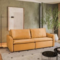 Imagem de Sofá Cama Retrátil e Reclinável 4 Lugares 225cm em Veludo com Molas Greta Yescasa Amarelo