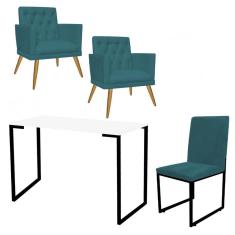 Imagem de Kit Escritório Stan 2 Poltronas Maria com Cadeira e Mesa Industrial Branco Preto Suede Azul Turquesa - Ahz Móveis