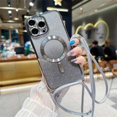 Imagem de Crossbody cordão gradiente glitter magnético caso para iphone 15 14 13 12 11 pro max plus chapeamento macio tpu capa traseira, prateado, para iphone 11