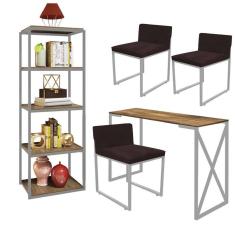 Imagem de Kit Escritório Bex 3 Cadeiras Suede Marrom com 1 Mesa e 1 Livreiro Ferro Cinza MDF Caramelo - Ahazzo Móveis