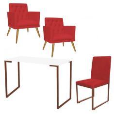 Imagem de Kit Escritório Stan 2 Poltronas Maria com Cadeira e Mesa Industrial Branco Bronze Corino Vermelho - Ahz Móveis
