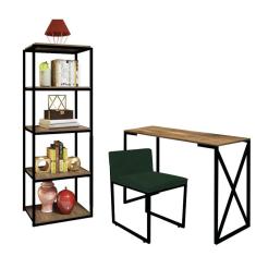 Imagem de Kit Escritório Bex 1 Cadeira Suede Verde com 1 Mesa e 1 Livreiro Ferro Preto MDF Freijó - Ahazzo Móveis
