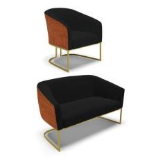 Imagem de Namoradeira e Poltrona Industrial Dourado Stella Noz/Linho Preto D03 -