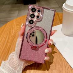 Imagem de Capa luxuosa com suporte espelhado e glitter para Samsung S24 Ultra Galaxy S23 S22 Ultra Plus com revestimento transparente de diamante, rosa, para Samsung S23