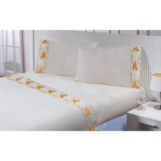 Imagem de Jogo Lençol Casal Super King (2,00mx2,00mx50cm) 4 Peças 200 Fios 100% Algodão Barrado Bordado Tulipa Dourada
