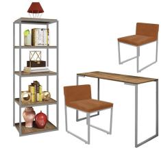 Imagem de Kit Escritório Ravi 2 Cadeiras Suede Terracota com 1 Mesa e 1 Livreiro Ferro Cinza MDF Carvalho - Ahazzo Móveis