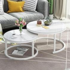 Imagem de Mesa de centro empilhável com estrutura de metal redonda branca - Mesas de aninhamento elegantes com tampo de vidro com efeito de mármore para escritório doméstico ou sala de estar - Tamanho
