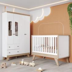Imagem de Quarto de Bebê com Guarda Roupa 4 Portas e Berço 3 em 1 Retrô Theo Espresso Móveis Branco/Jequitibá HP