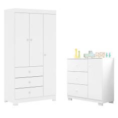 Imagem de Guarda Roupa Infantil 3 Portas Cômoda 3 Gavetas Duda Branco - Phoenix