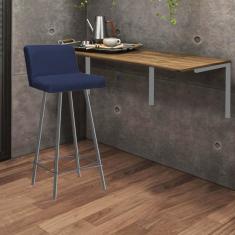Imagem de Kit Mesa Suspensa de Parede Fixa MDF Castanho + 1 Banqueta Lexi Ferro Prata Sintético Azul Marinho - Ahazzo Móveis
