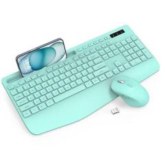 Imagem de Combo de teclado e mouse sem fio – teclado ergonômico de tamanho completo com descanso de pulso, suporte de telefone, modo de hibernação, teclado sem fio silencioso de 2,4 GHz combo para computador,
